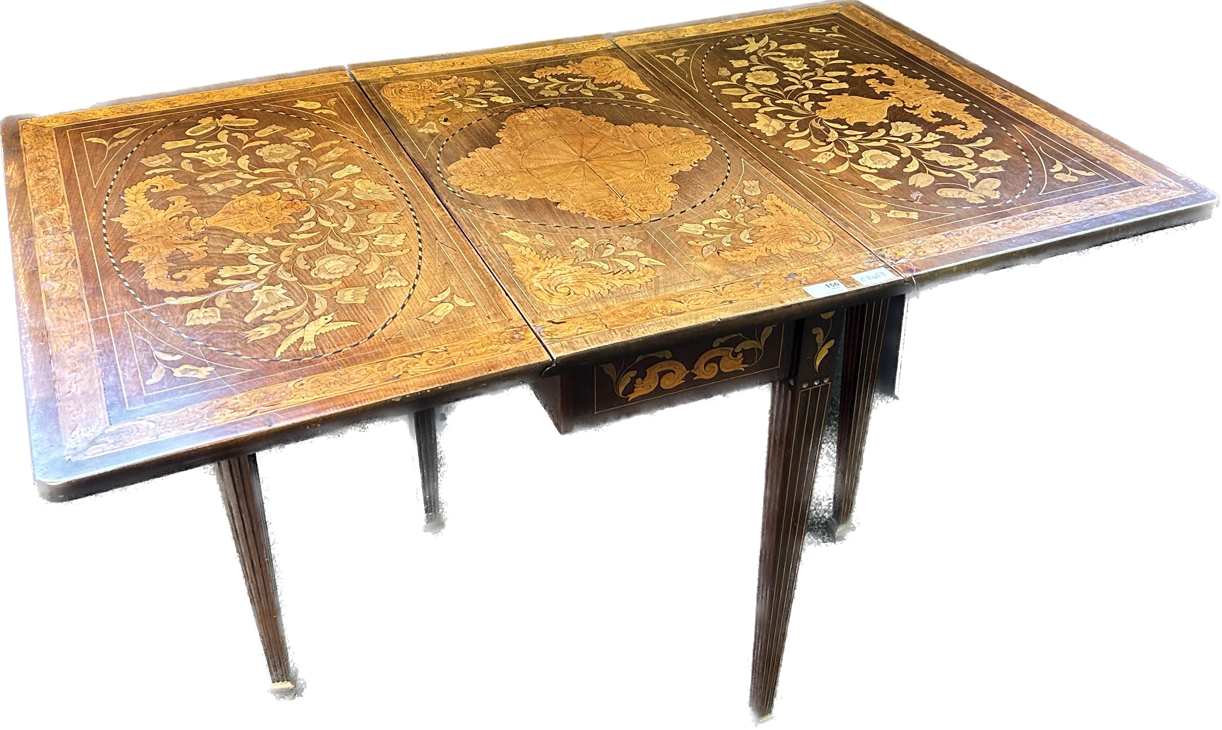19th century Dutch table, the drop ends raising to a marquetry surface, the base with further - Image 6 of 8