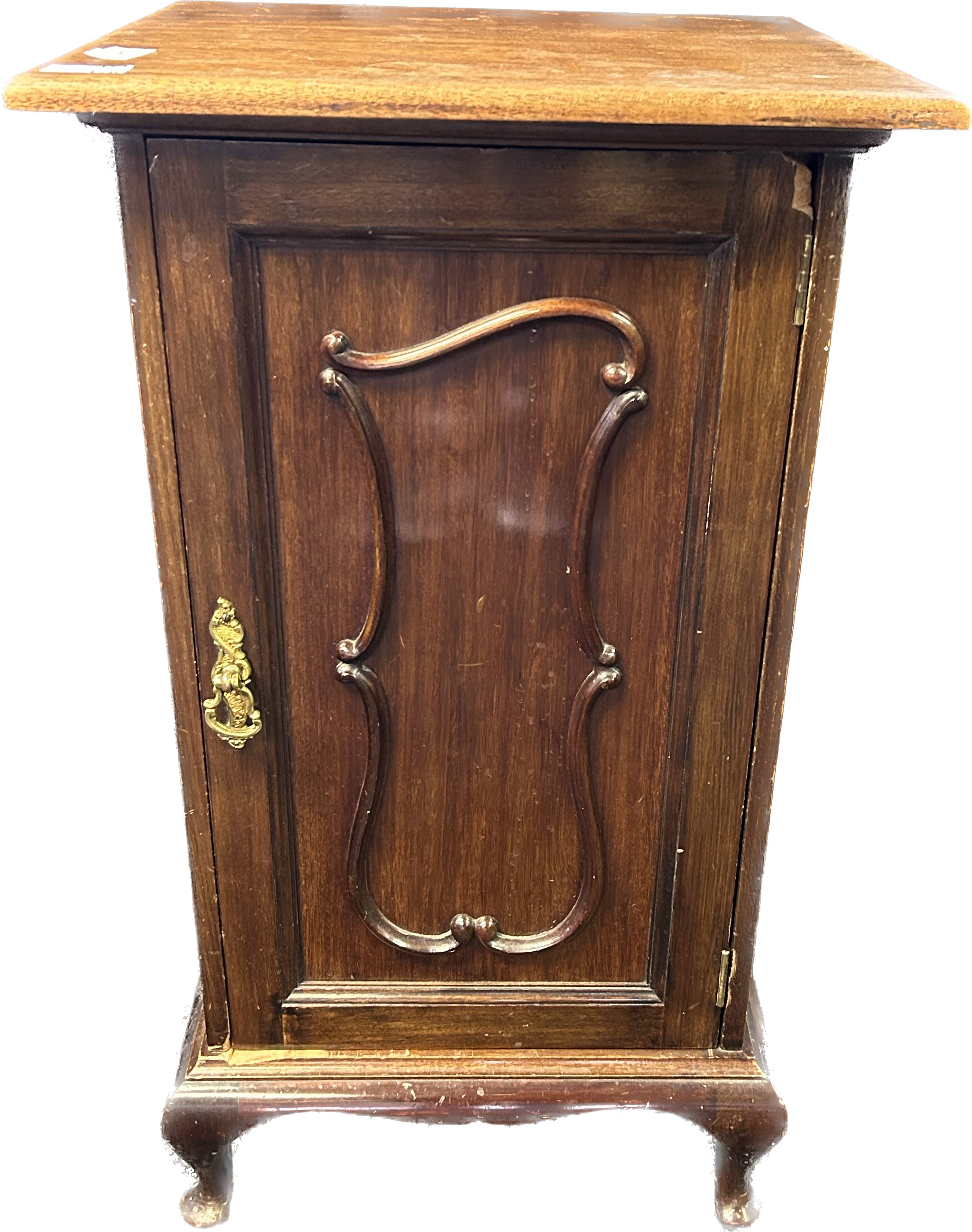 19th century mahogany bedside unit, the cupboard door with moulded carved design, raised on short - Image 2 of 3