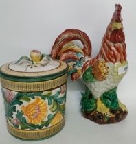Majolica cockeral study along with an Italian hand painted ceramic pot with lid