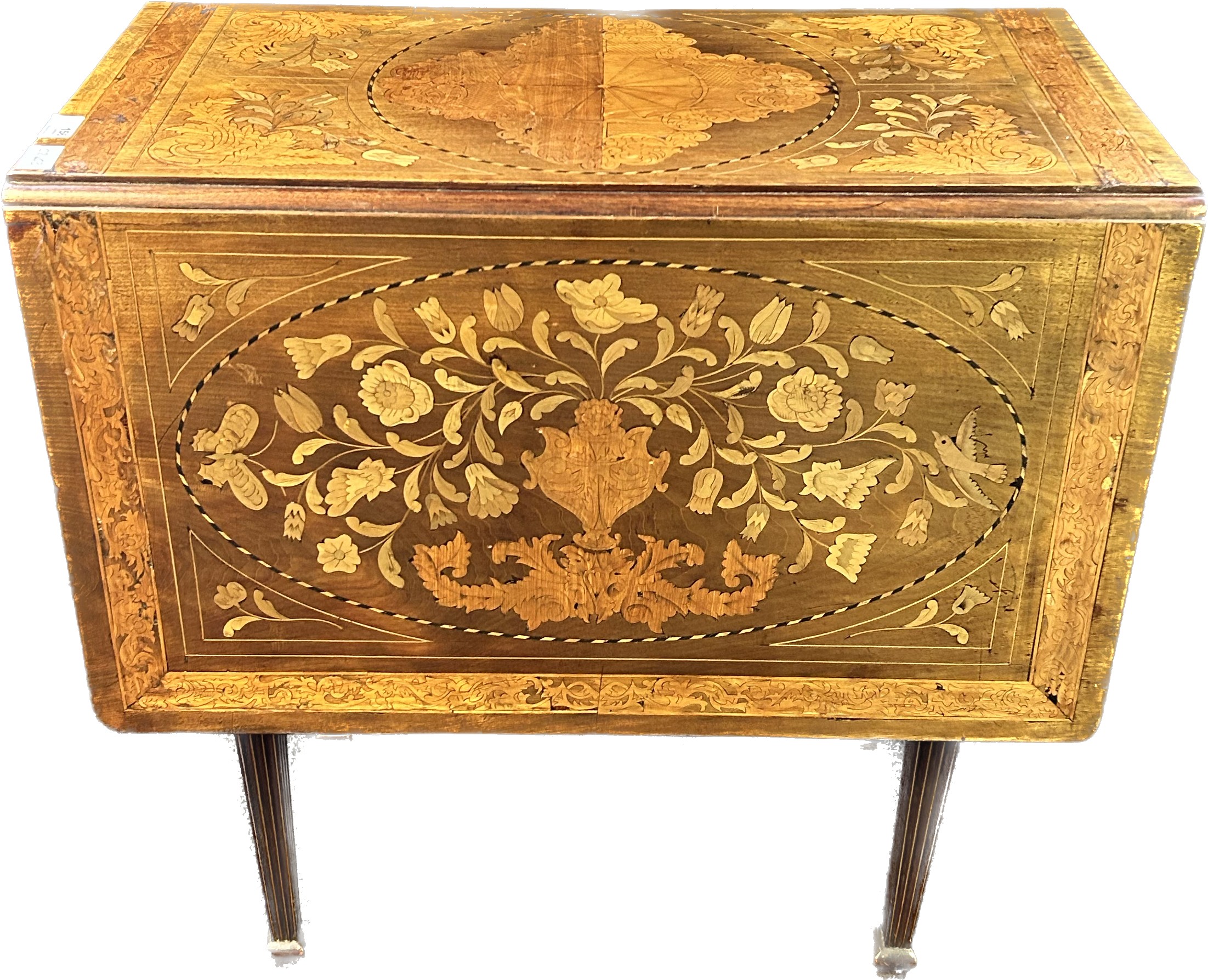 19th century Dutch table, the drop ends raising to a marquetry surface, the base with further - Image 4 of 8