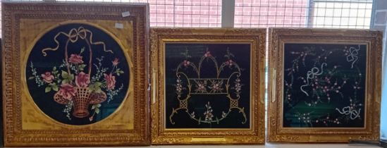 Three hand painted floral designs all within gold ornate frames. [Frame 73x73cm]