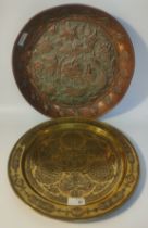 Two Antique Islamic 1900s trays; Brass & silver overlaid Islamic tray along with raised bird scene
