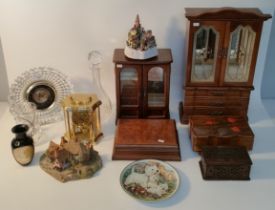 Selection of collectables; crystal Hoya Japan desk clock, various wooden musical jewellery boxes &