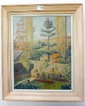 Dorothy Bradford Oil on canvas titled 'Autumn in the Hot Summer - A view from a Room', signed. [
