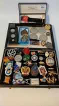 A Collection of collectable enamel badges, coins, golf counter watch & silver hall marked button
