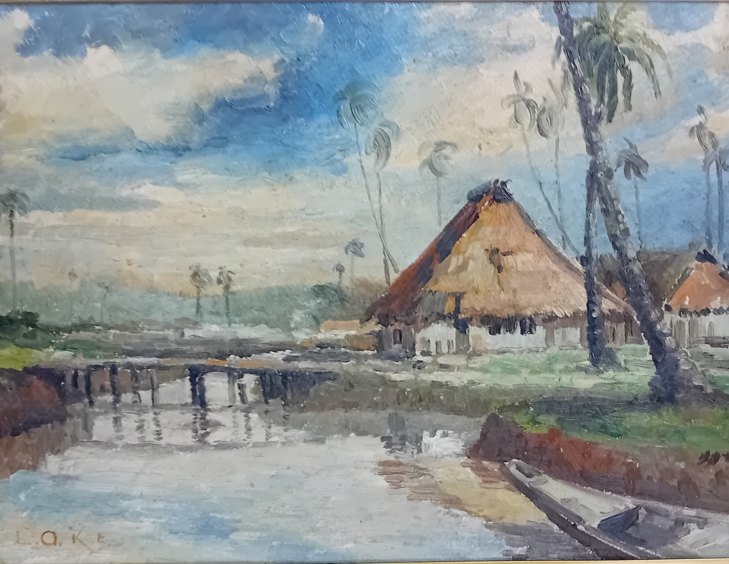 L.O.Kee Oil on board 'House by the river', signed. [Frame 47x57cm]