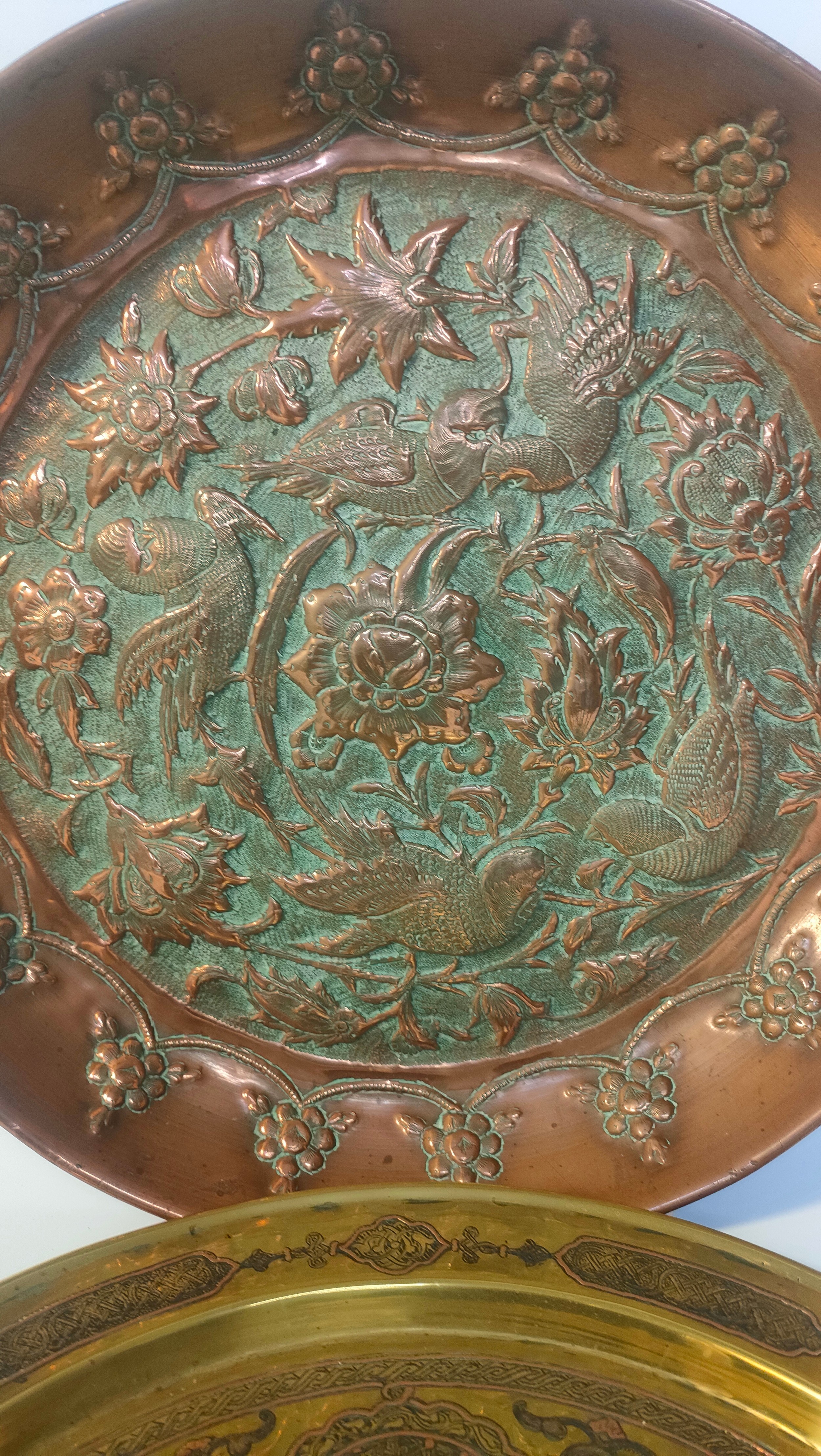 Two Antique Islamic 1900s trays; Brass & silver overlaid Islamic tray along with raised bird scene - Image 4 of 4
