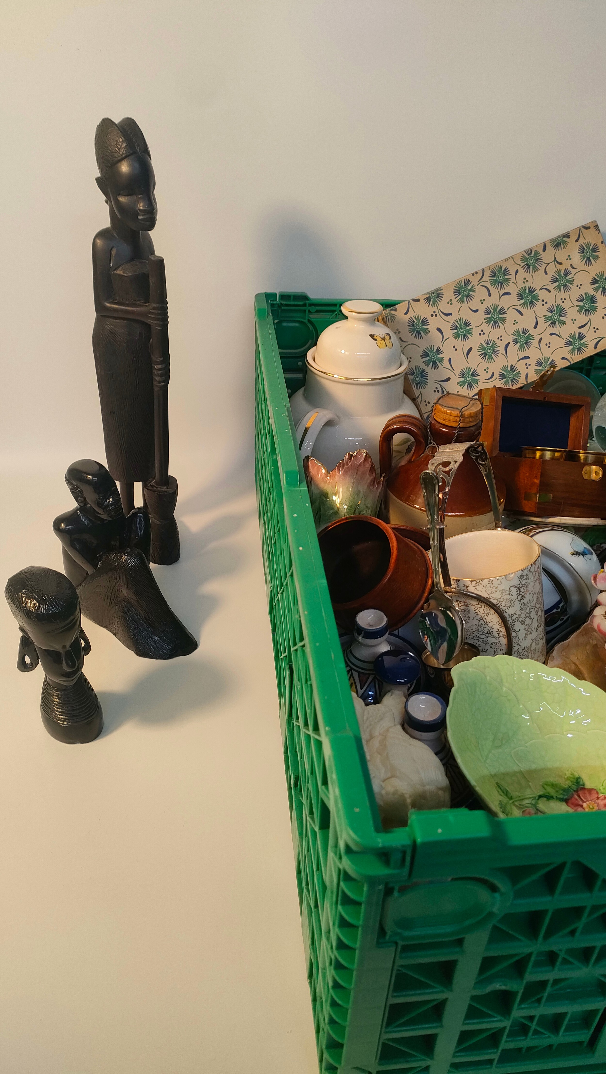 Box of collectables; African wooden figures & stone ware small flagon - Image 2 of 3