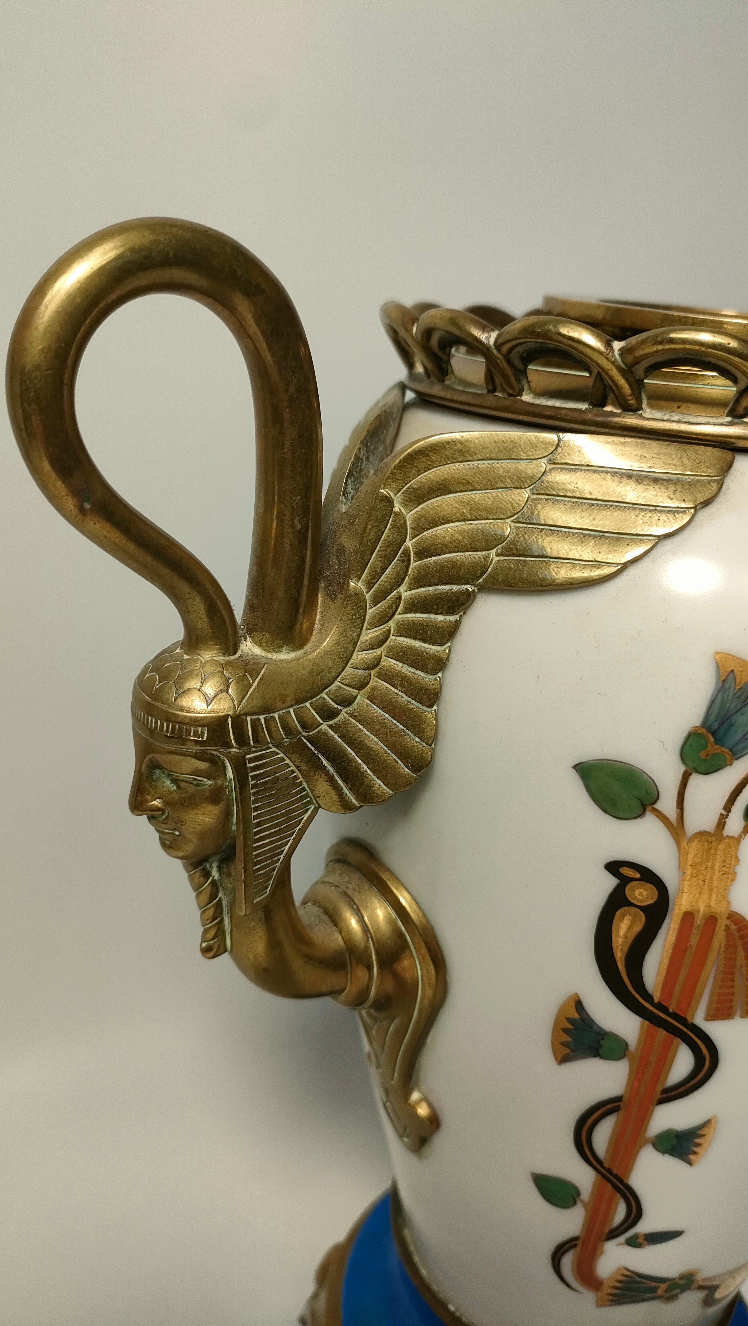 19th century Egyptian scene white ceramic & brass handles vase with hand painted Egyptian scene [ - Image 8 of 9
