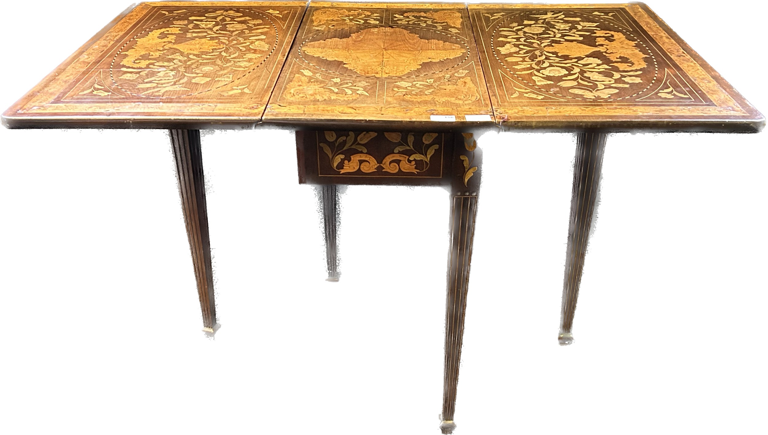 19th century Dutch table, the drop ends raising to a marquetry surface, the base with further - Image 7 of 8