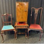 Mixed lot of antique furniture; two chairs, leather top drop end side table, walnut side cupboard
