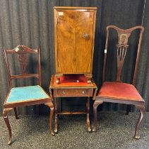 Mixed lot of antique furniture; two chairs, leather top drop end side table, walnut side cupboard