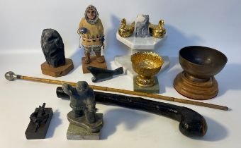 Box of interesting stone & marble items along with military swagger stick & Irish shillelagh