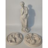 Greek figure of a woman along with 2 vintage plaster wall plaques [35cm]