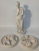 Greek figure of a woman along with 2 vintage plaster wall plaques [35cm]
