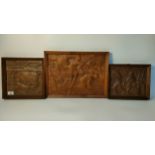 Three arts & crafts farming scenes raised relief hand carved plaques signed RB and BR