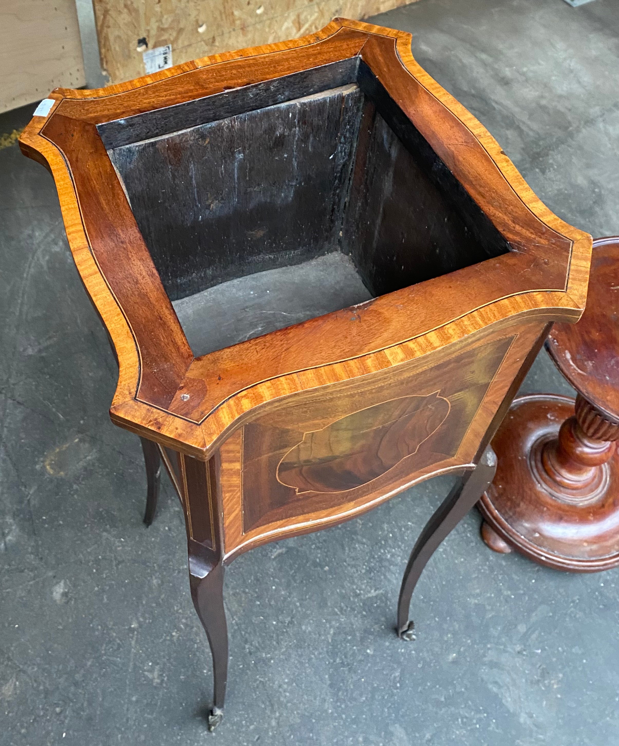 Edwardian inlaid plant stand along with 1900s standard floor light [33x33x93cm] [needs attention] - Image 3 of 3