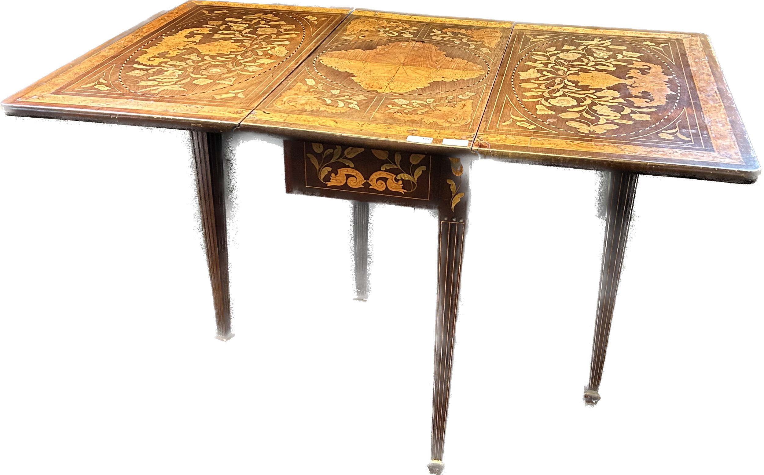 19th century Dutch table, the drop ends raising to a marquetry surface, the base with further - Image 8 of 8