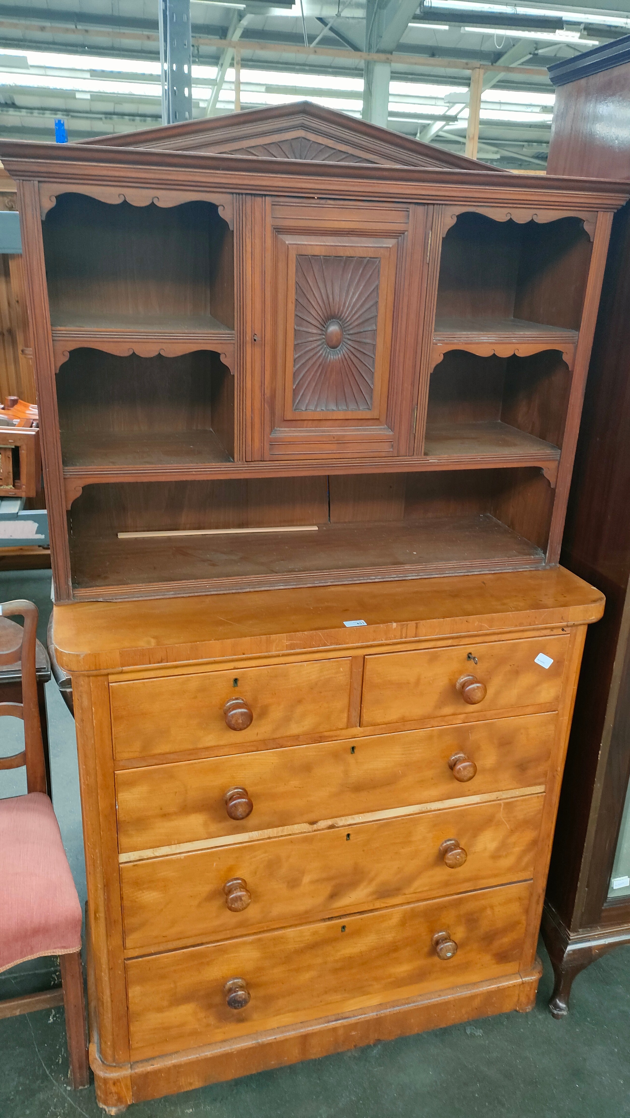 19th century 2 over chest light oak chest along with mahogany arts & crafts cabinet