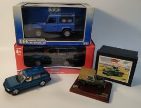 Collection of four land rovers models; Britain's Land rover series one with plinth & universal