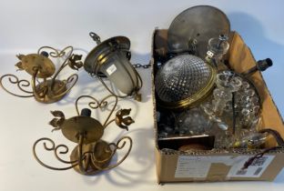 Collection of brass & glass light fixtures & fittings