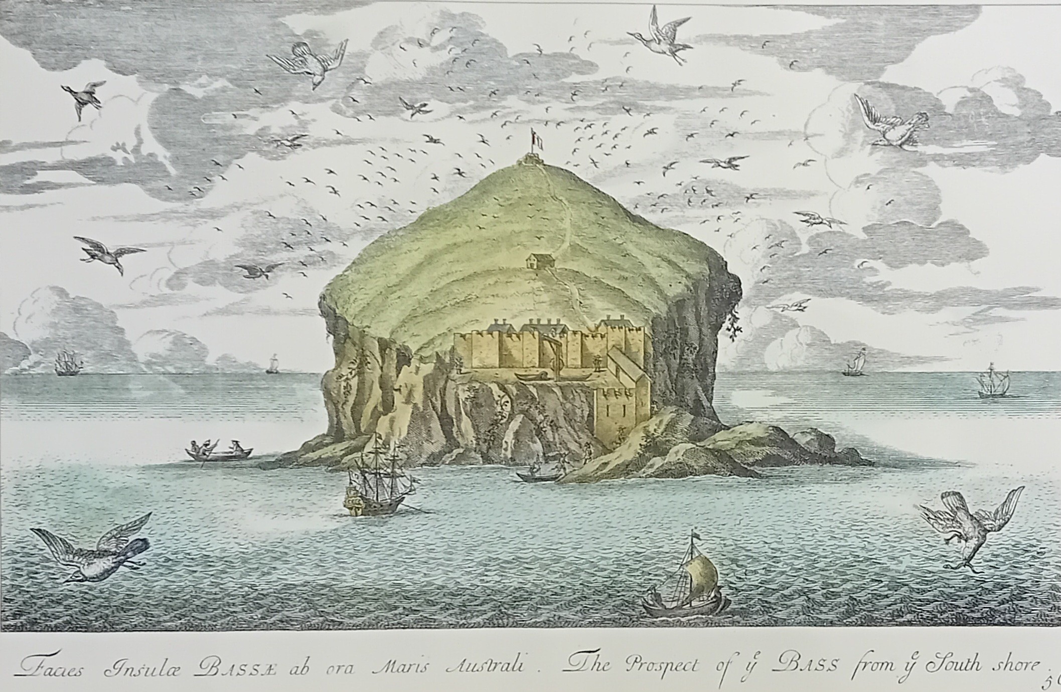 Coloured engraving ''The Prospect of Bass from South Shore''. [Frame 42x56cm]