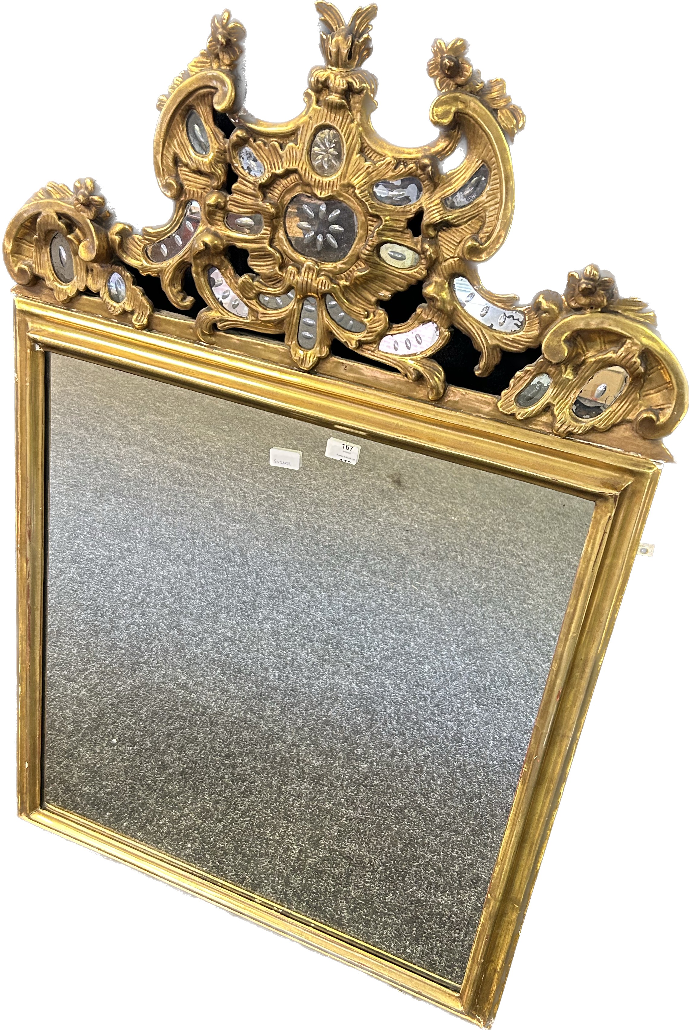 Antique gilt painted mirror, surmounted by scroll and foliate moulding with mirror detail [125x81cm] - Image 3 of 7