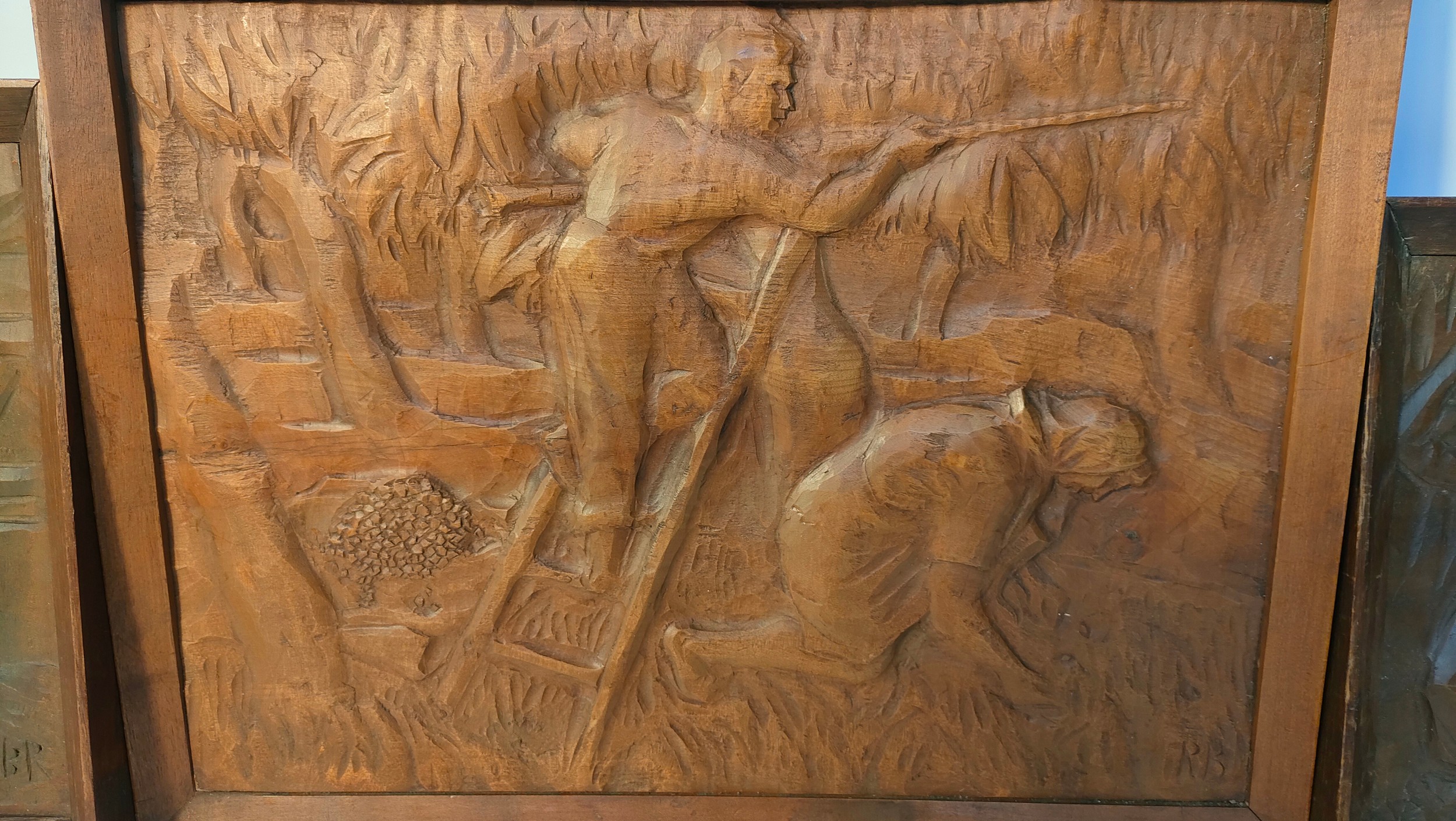 Three arts & crafts farming scenes raised relief hand carved plaques signed RB and BR - Image 3 of 4