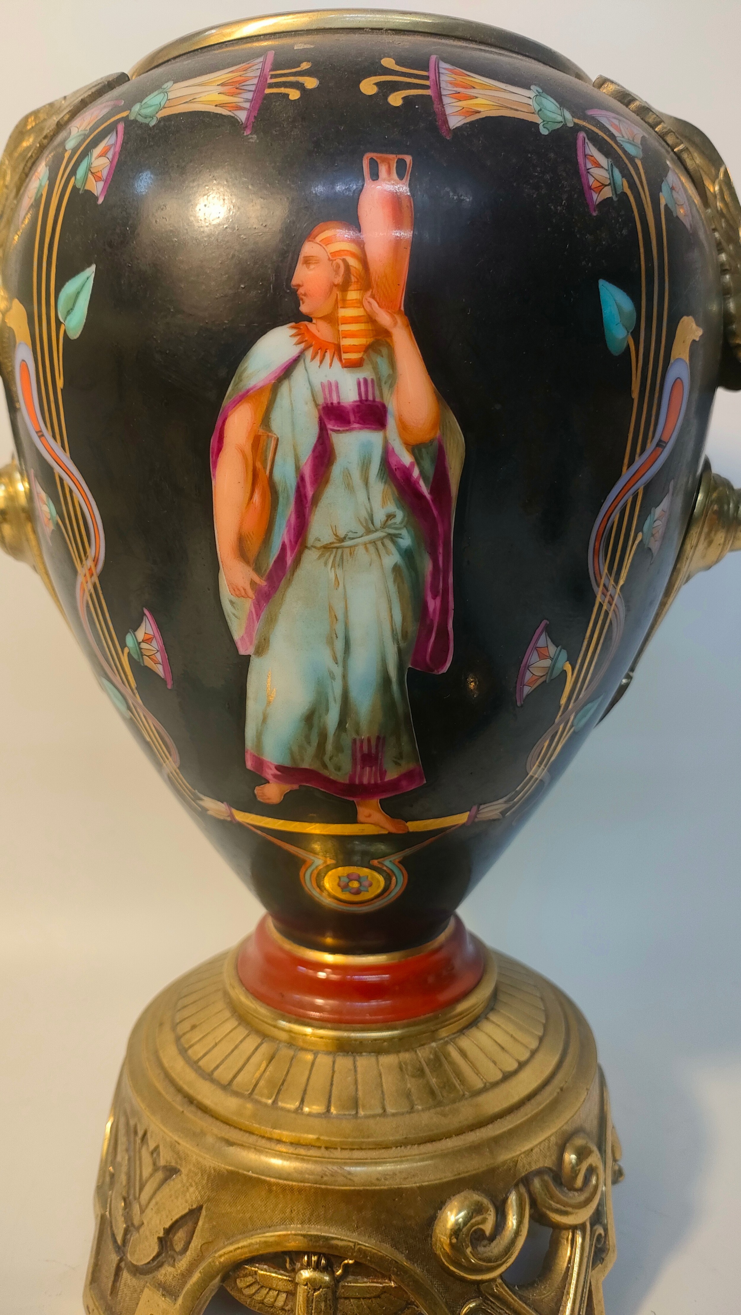 19th century Egyptian Revival hand painted brass handled Vase along with A white metal Egyptian - Image 5 of 5