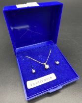 9ct gold 375 hallmarked chain pendant & earrings set with small diamonds