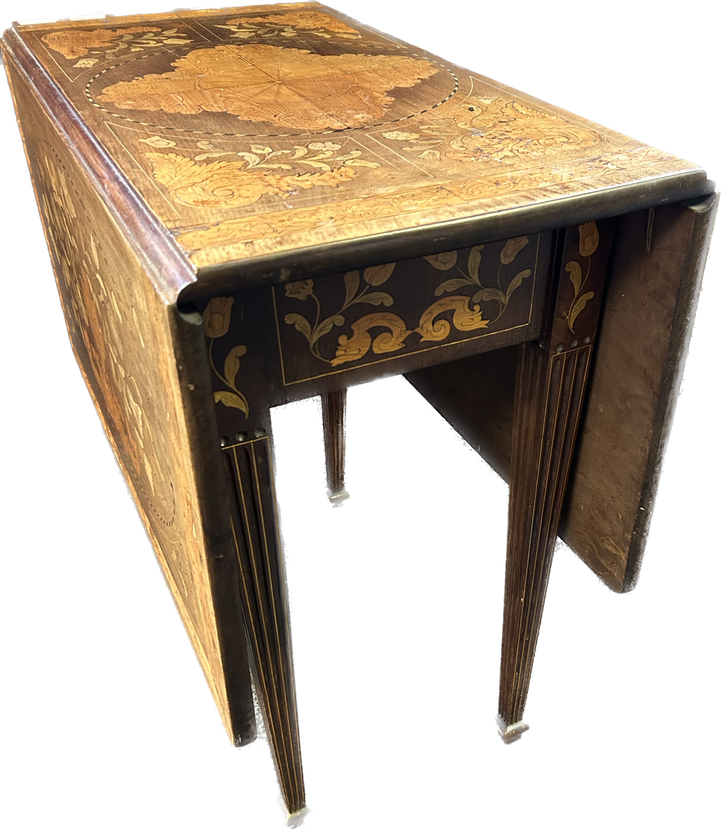 19th century Dutch table, the drop ends raising to a marquetry surface, the base with further - Image 3 of 8