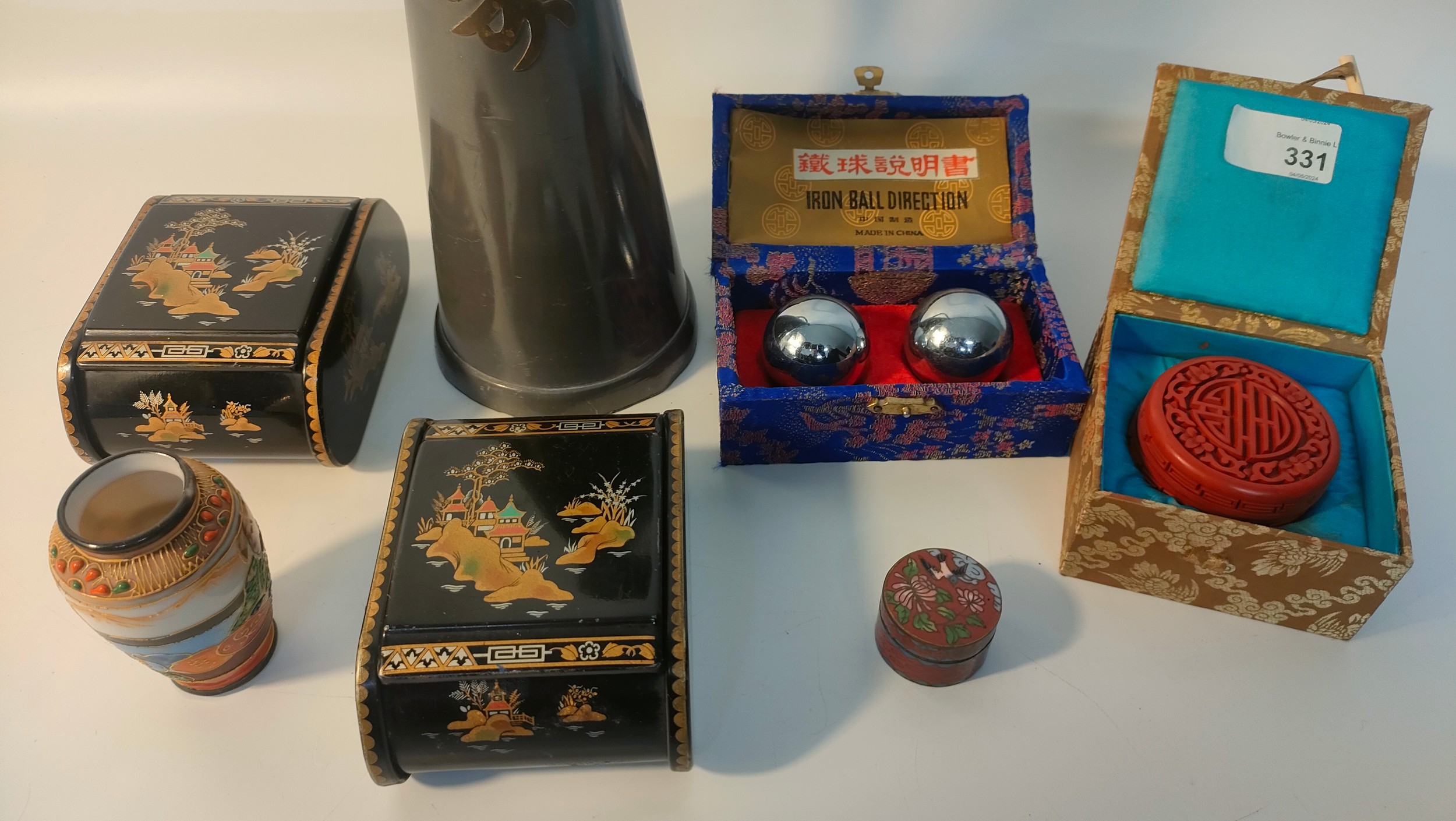 Collection on Chinese collectables; cinnabar wax seal preserve & large metal Chinese jug marked hong - Image 2 of 2