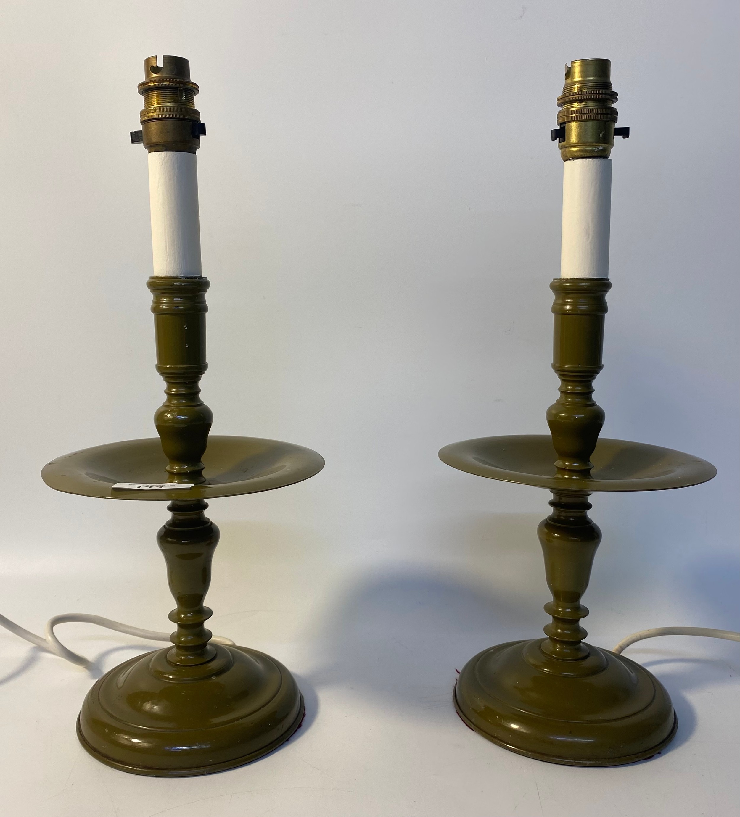 A Pair of 1930/40s enamelled industrial candle sticks [Converted to table lamps]