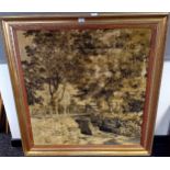 Large vintage framed material picture of woodland scene. [Frame 116x119cm]