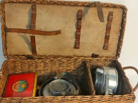 Antique/ vintage picnic wicker basket containing a small boxed Primus stove, Kettle and car kettle.