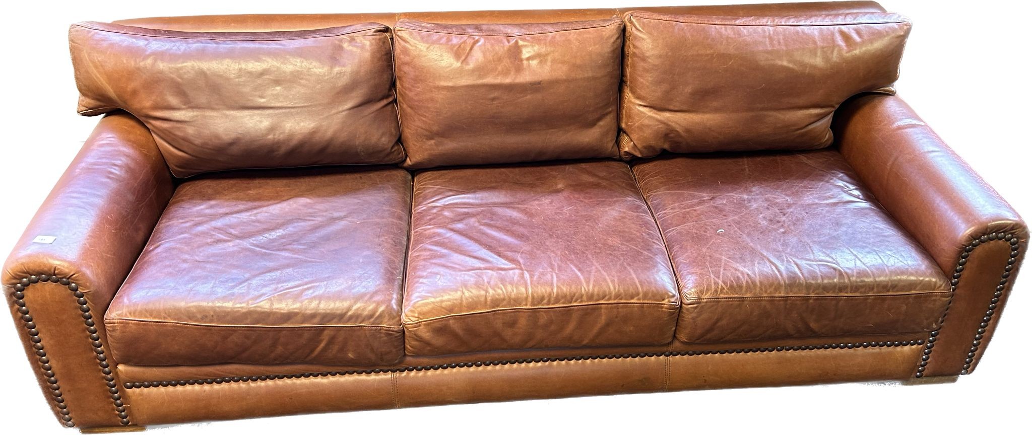 Contemporary tan leather 3 seat settee with brass nail head trim