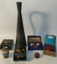 Collection on Chinese collectables; cinnabar wax seal preserve & large metal Chinese jug marked hong