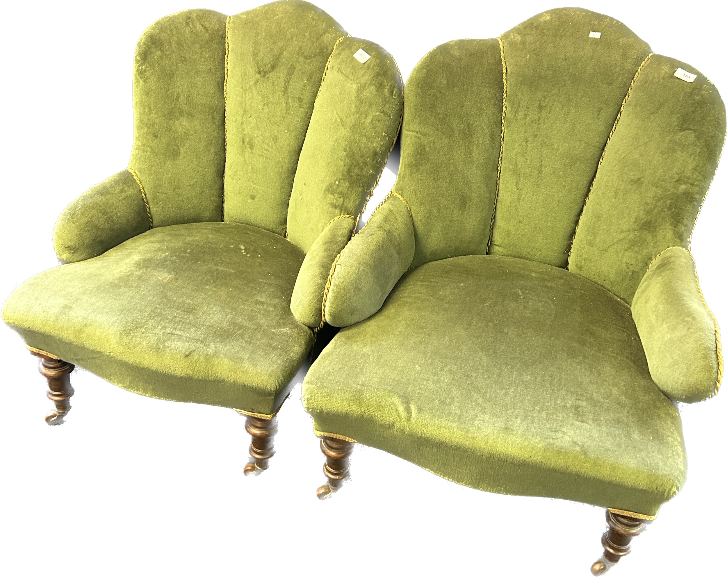 Pair of art deco cushioned chairs, covered in a green upholstery, raised on turned tapered legs - Image 2 of 5