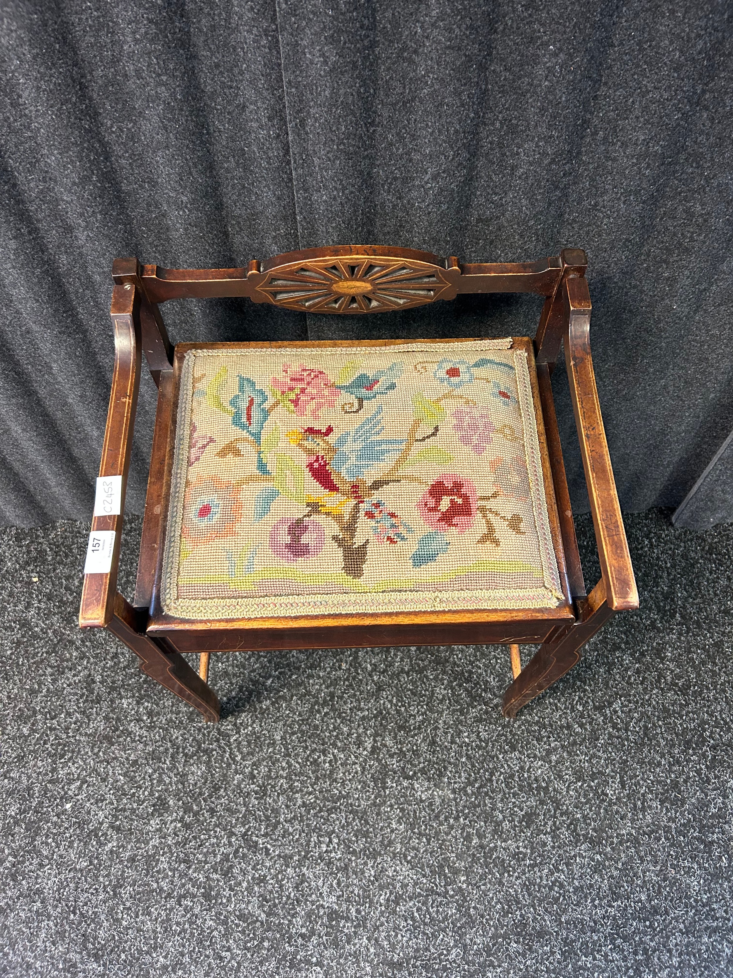 Edwardian piano stool, the back with pierced central splat joining to open arms above a needlework - Image 4 of 4