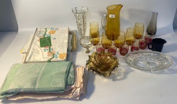 Selection of Art glass & vintage linen; Mid century lemonade set, set of 6 mid century cranberry