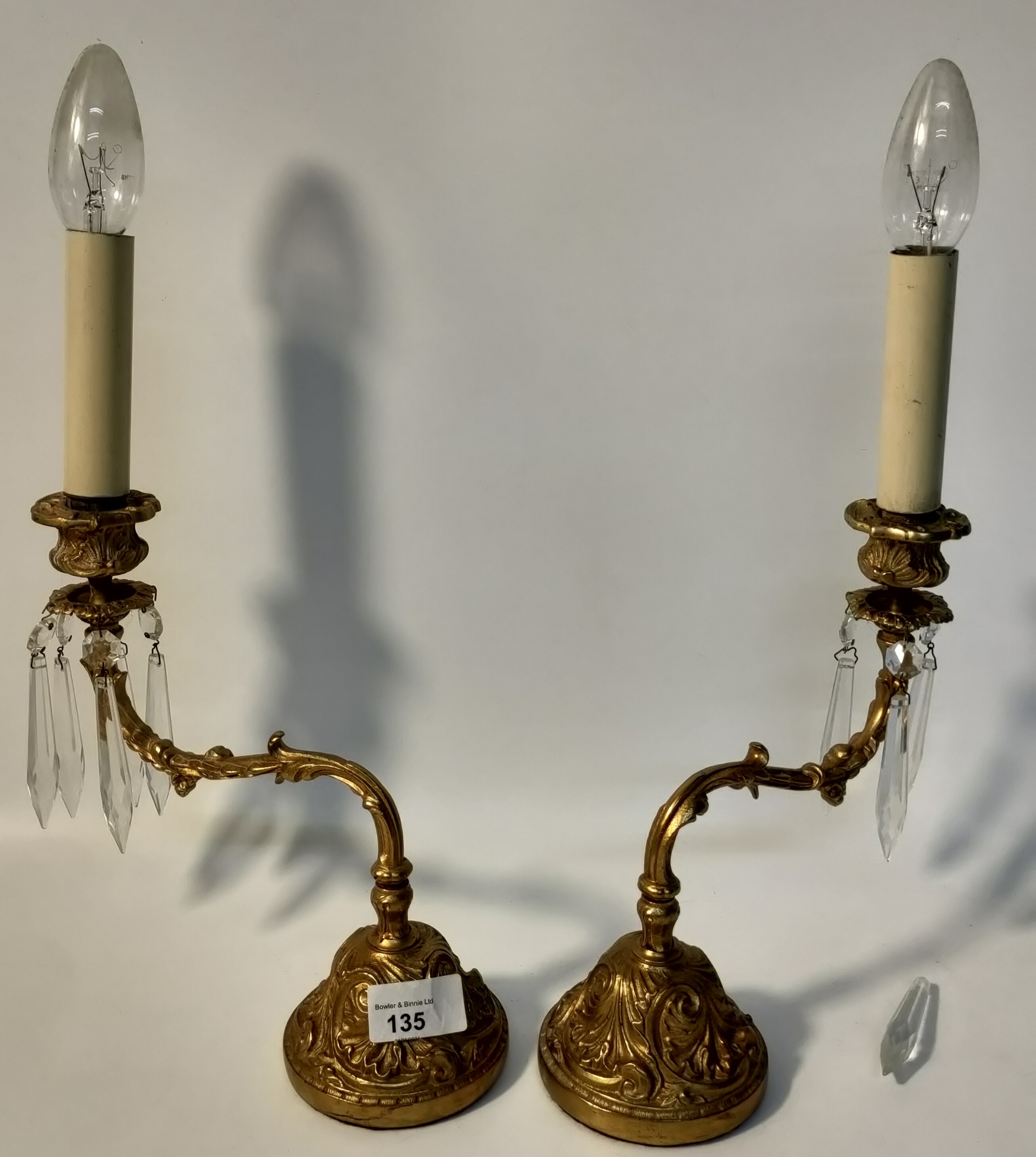A Pair of 19th century heavy brass wall sconce's with crystal droplets [29cm]