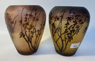 Pair of Vintage etched cameo glass vases in style of Galle [18.5cm]