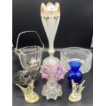 Collection of Art glass; Mozart style vase & cranberry glass sweet bowl and Waterford crystal bowl