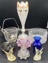 Collection of Art glass; Mozart style vase & cranberry glass sweet bowl and Waterford crystal bowl