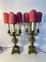 Pair of 19th century 3 branch onyx/brass candlesticks Converted to table lamps with fitted shades