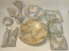 Italian style hand painted art glass set; Large bowl, tazza & vases