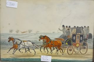 Antique watercolour 'Post Trunk horse and carriage, unsigned. [Frame 26x38cm]