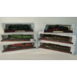 A collection of six train models; Lner ' flying scotmans & Duchess Lms on plinths