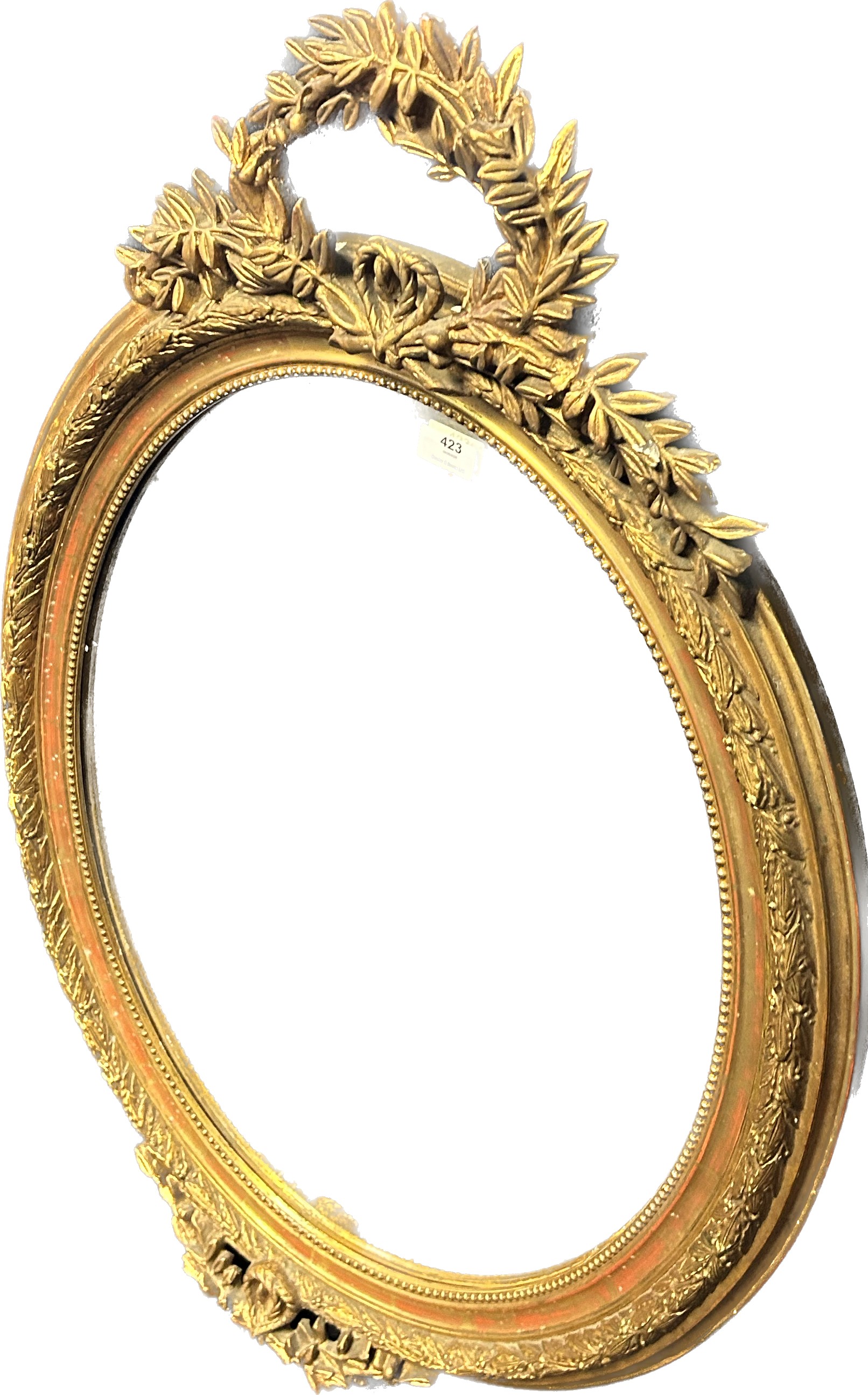 Antique gilt painted oval mirror with moulded foliate extensions [107x68cm] - Image 3 of 4