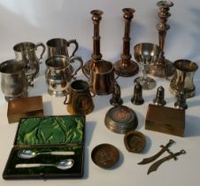 Box of Silver plated, copper & brass ware; Copper candle sticks, brass cigarette boxes & pewter ware
